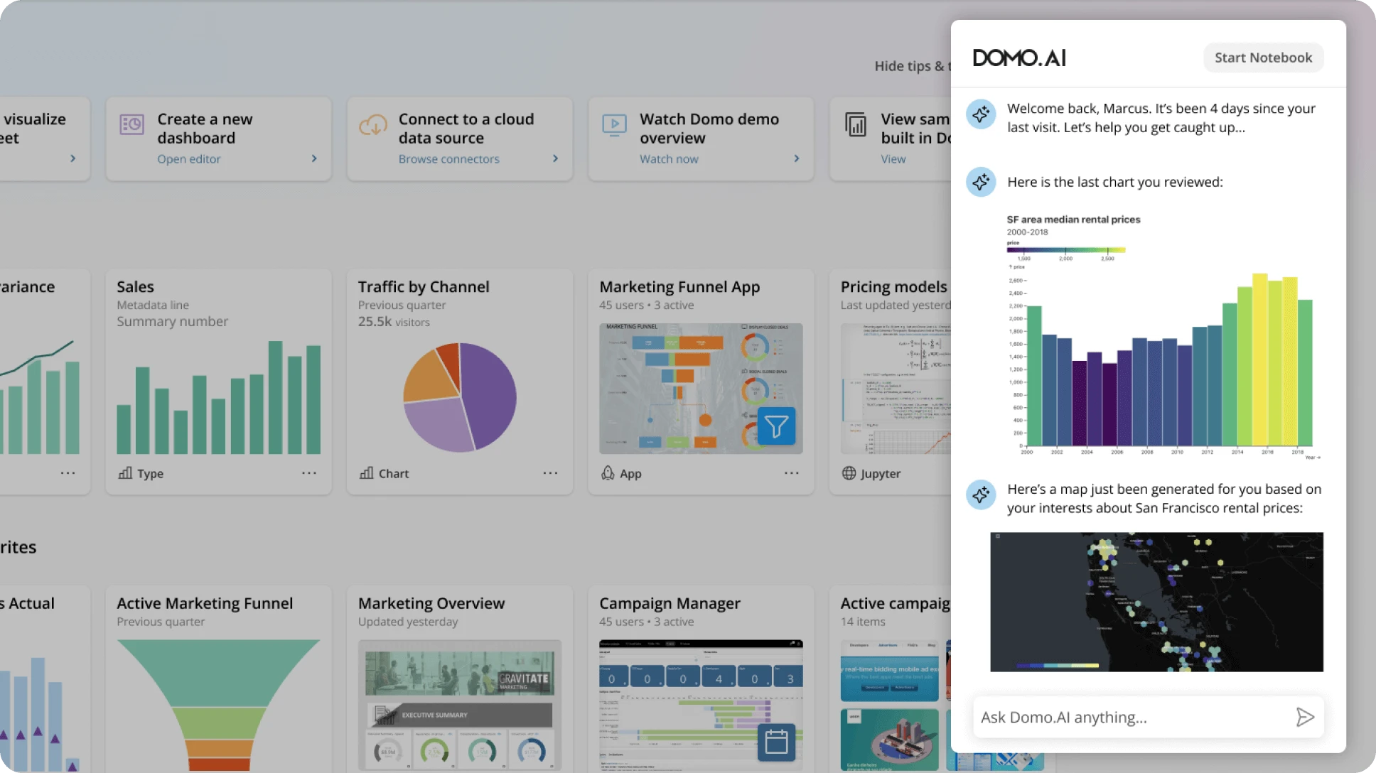 A view of the Domo.AI product with an AI chat window on the screen