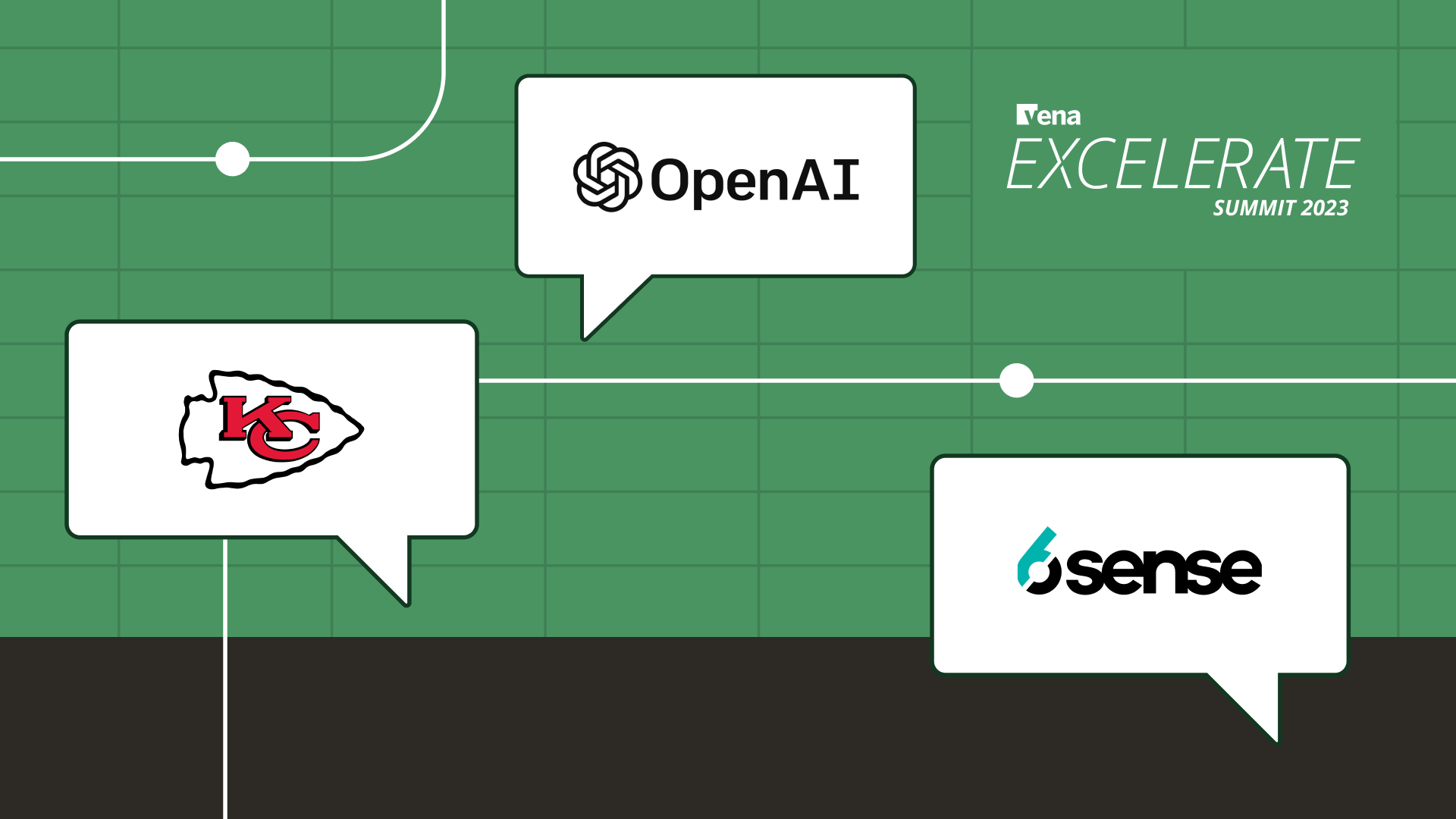 Three speech bubbles, each containing a logo for the Kansas City Chiefs, OpenAI and 6Sense, on a green background.