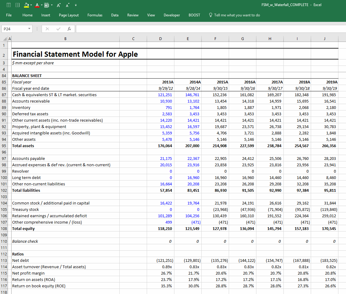 An example three-statement model in Excel