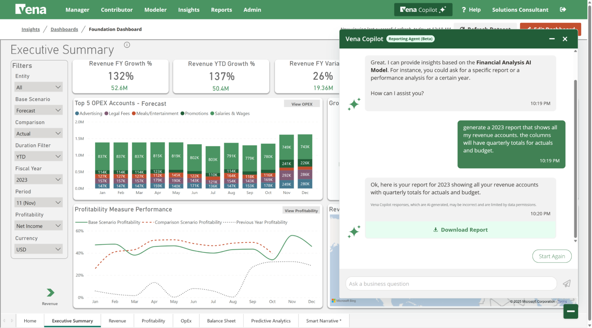 A view of the Vena Copilot reporting agent creating a downloadable report based on a prompt